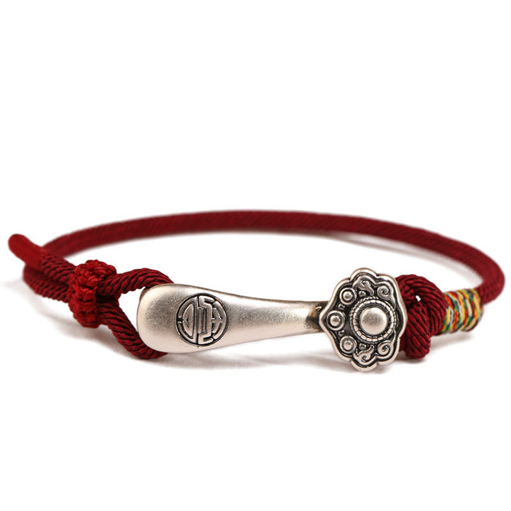 Braccialetto intrecciato con protezione in corda con bastoncino Ruyi in argento sterling 999 Buddha Stones