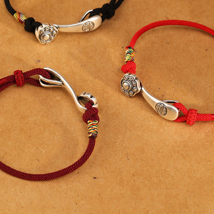 Braccialetto intrecciato con protezione in corda con bastoncino Ruyi in argento sterling 999 Buddha Stones