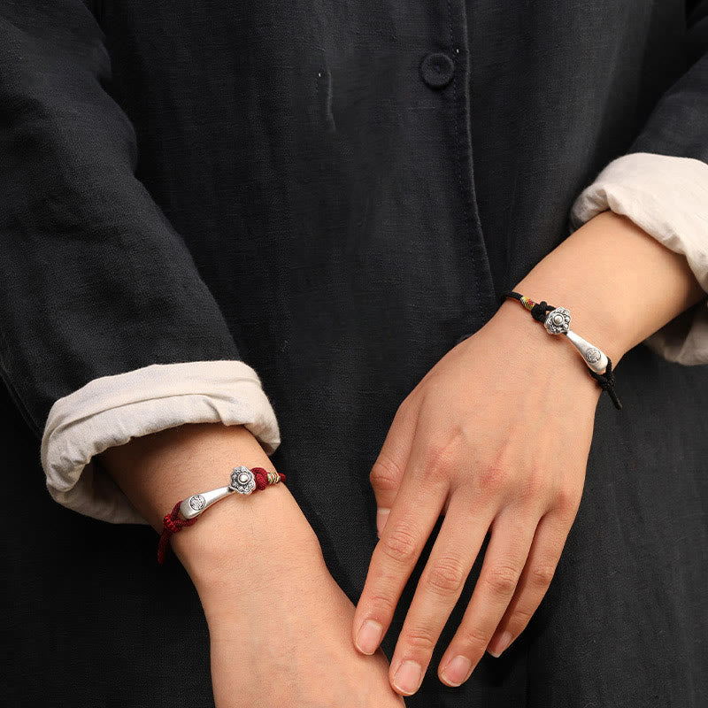 Braccialetto intrecciato con protezione in corda con bastoncino Ruyi in argento sterling 999 Buddha Stones