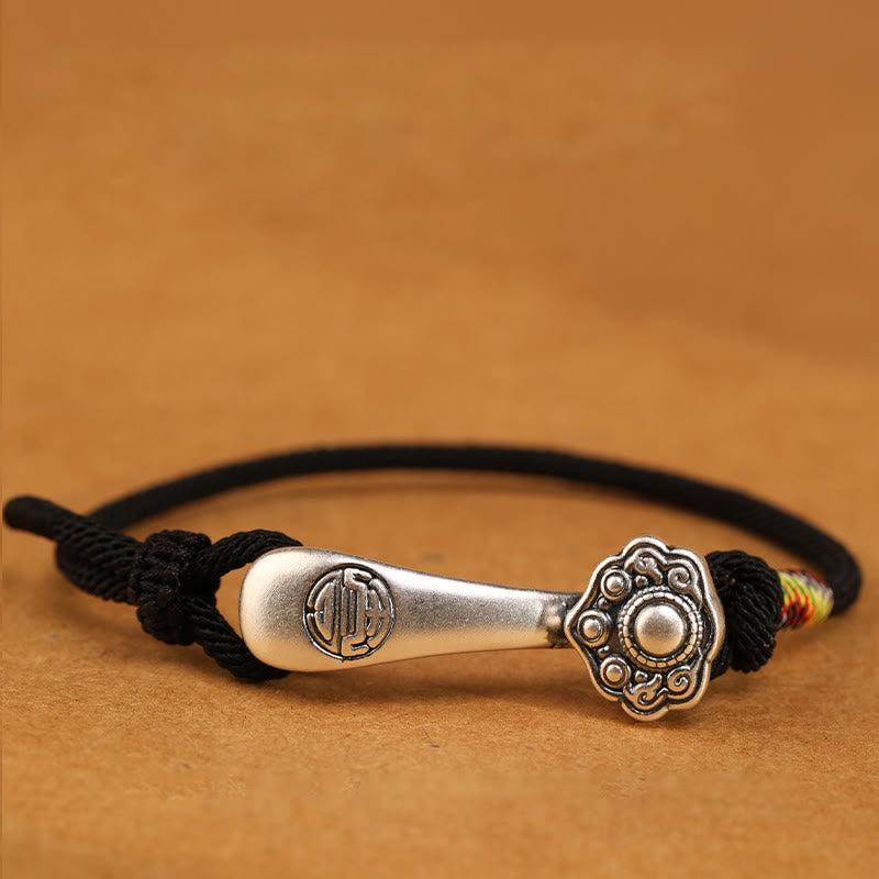 Braccialetto intrecciato con protezione in corda con bastoncino Ruyi in argento sterling 999 Buddha Stones