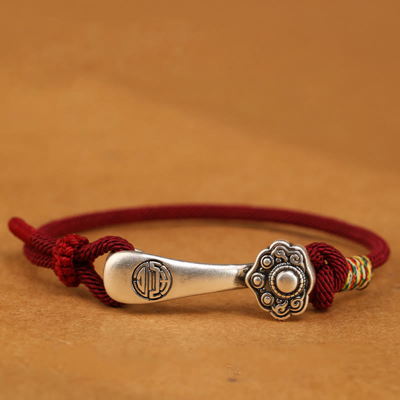 Braccialetto intrecciato con protezione in corda con bastoncino Ruyi in argento sterling 999 Buddha Stones - corda rosso scuro - 19-21 cm - image 1