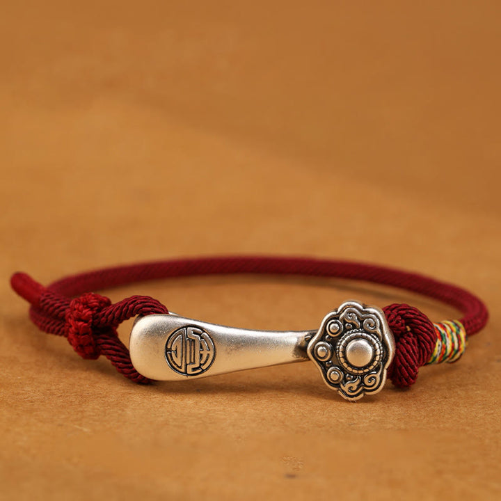 Braccialetto intrecciato con protezione in corda con bastoncino Ruyi in argento sterling 999 Buddha Stones