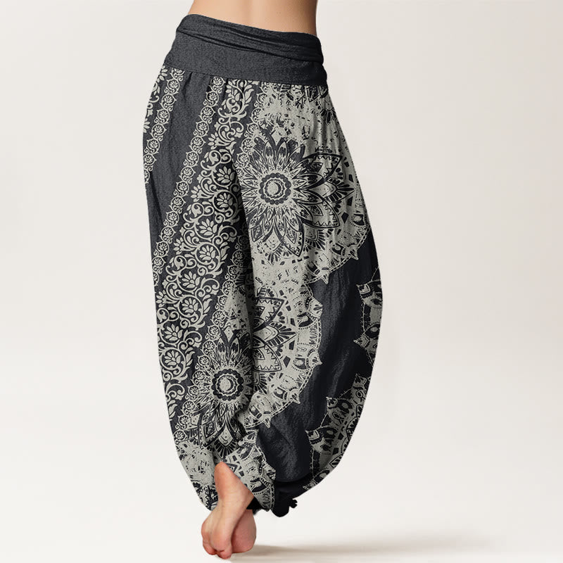 Pantaloni harem elastici in vita da donna con motivo mandala Buddha Stones e fiori paralleli - image 2