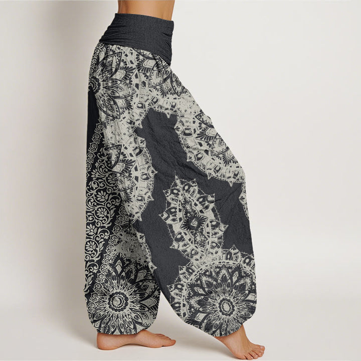 Pantaloni harem elastici in vita da donna con motivo mandala Buddha Stones e fiori paralleli - image 1