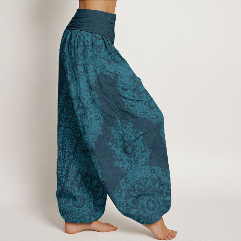 Pantaloni harem elastici in vita da donna con motivo mandala Buddha Stones e fiori paralleli - image 6