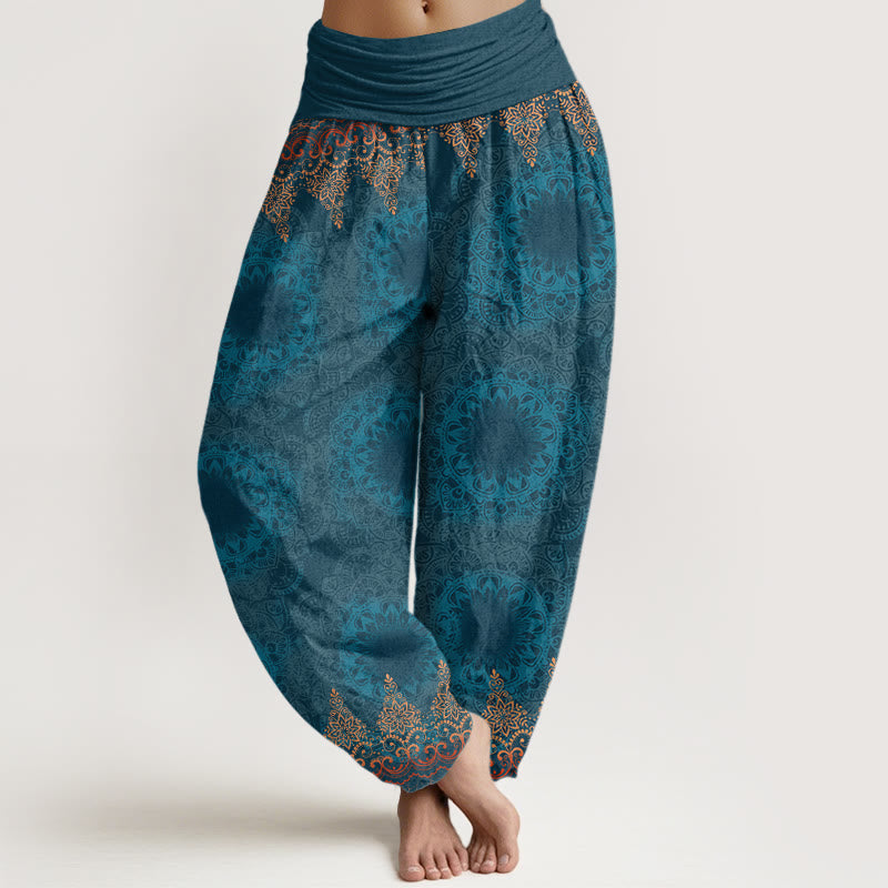 Pantaloni harem da donna con elastico in vita, in cotone, con motivi mandala triangolari e Buddha Stones - Ciano scuro - US22, UK/AU26, EU54 (6XL) - image 0
