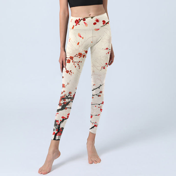 Leggings da palestra con stampa di fiori di prugna rossa in fiore Buddha Stones, pantaloni da yoga da donna