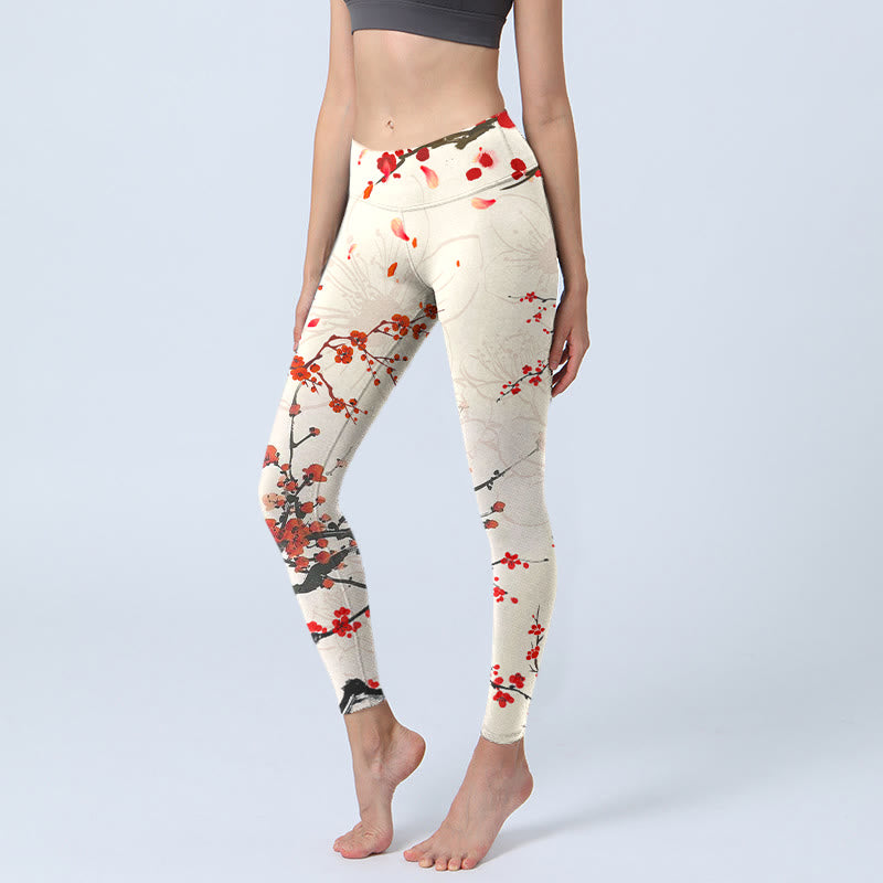 Leggings da palestra con stampa di fiori di prugna rossa in fiore Buddha Stones, pantaloni da yoga da donna - Beige - US18, UK/AU22, EU50 (4XL) - image 1