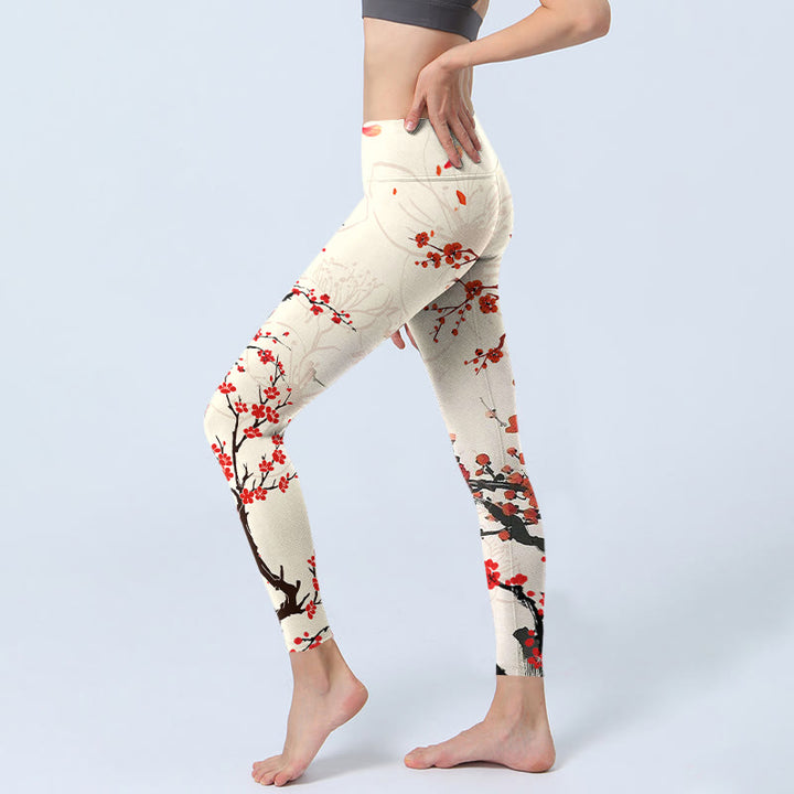 Leggings da palestra con stampa di fiori di prugna rossa in fiore Buddha Stones, pantaloni da yoga da donna