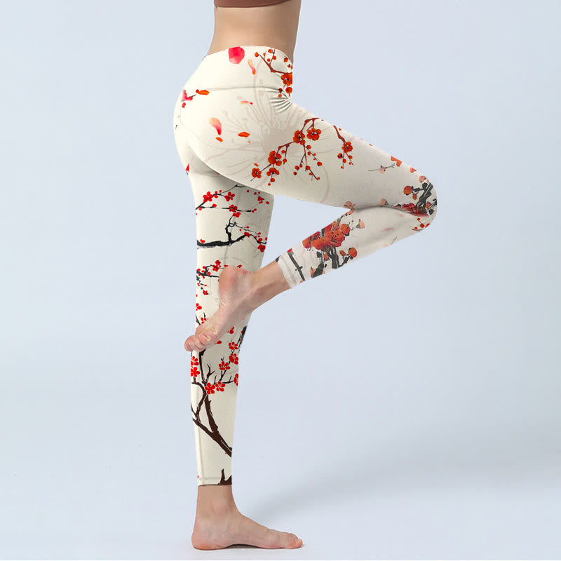 Leggings da palestra con stampa di fiori di prugna rossa in fiore Buddha Stones, pantaloni da yoga da donna - image 4