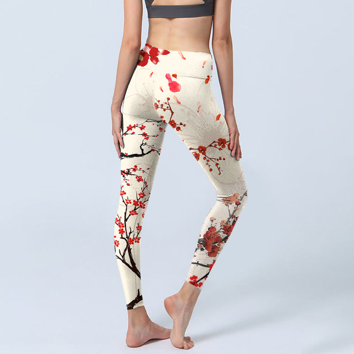 Leggings da palestra con stampa di fiori di prugna rossa in fiore Buddha Stones, pantaloni da yoga da donna