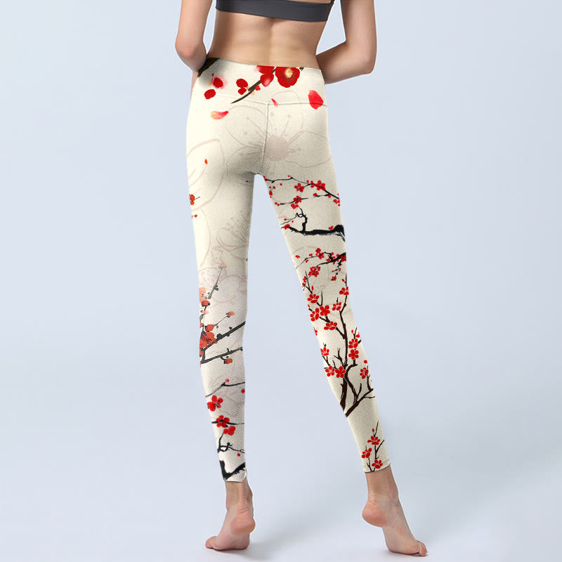 Leggings da palestra con stampa di fiori di prugna rossa in fiore Buddha Stones, pantaloni da yoga da donna