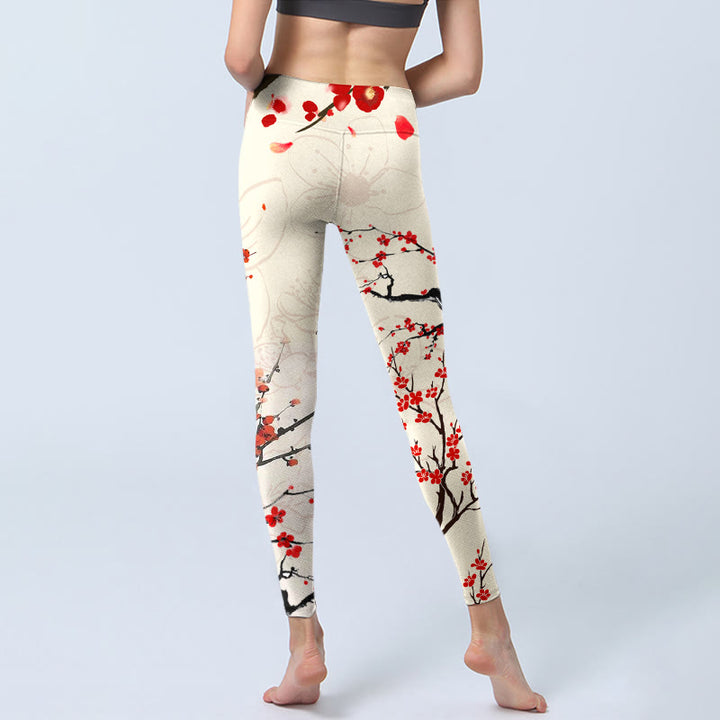 Leggings da palestra con stampa di fiori di prugna rossa in fiore Buddha Stones, pantaloni da yoga da donna