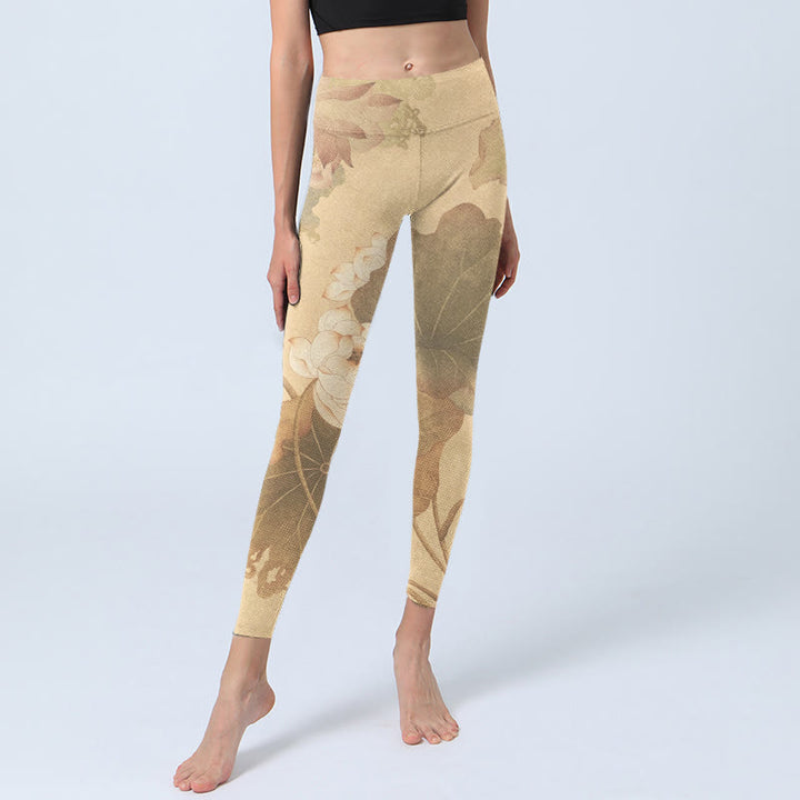 Leggings da palestra con stampa di fiori di loto , Buddha Stones, pantaloni da yoga da donna