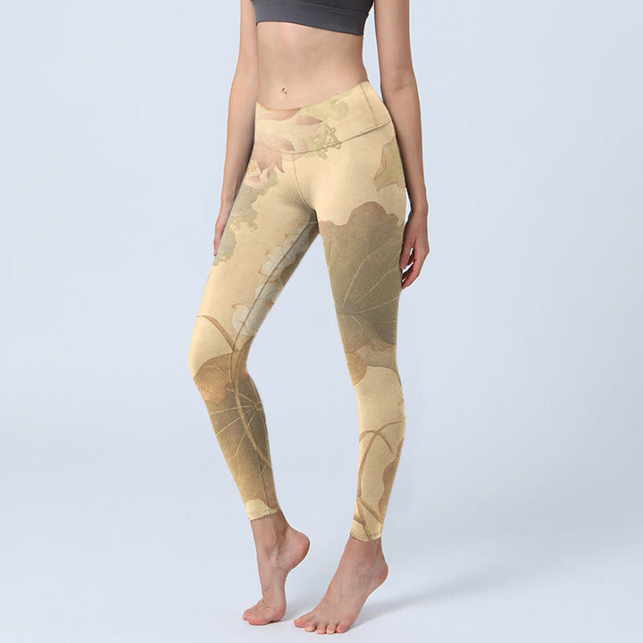 Leggings da palestra con stampa di fiori di loto , Buddha Stones, pantaloni da yoga da donna - PaleGoldenrod - US18, UK/AU22, EU50 (4XL) - image 0