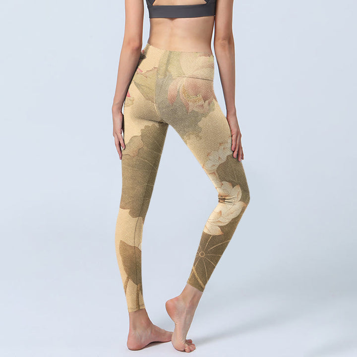 Leggings da palestra con stampa di fiori di loto , Buddha Stones, pantaloni da yoga da donna