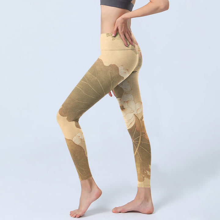 Leggings da palestra con stampa di fiori di loto , Buddha Stones, pantaloni da yoga da donna