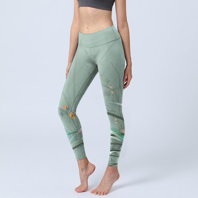 Leggings da palestra con stampa di foglie di orchidee rosa e bianco Buddha Stones, pantaloni da yoga da donna - Acquamarina media - US18, UK/AU22, EU50 (4XL) - image 1