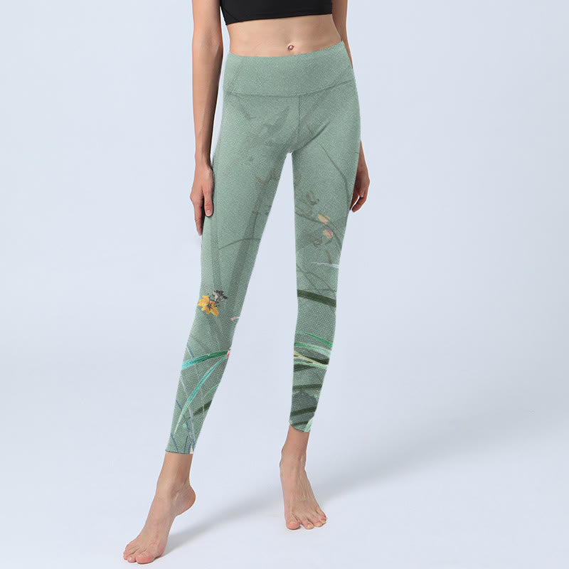 Leggings da palestra con stampa di foglie di orchidee rosa e bianco Buddha Stones, pantaloni da yoga da donna