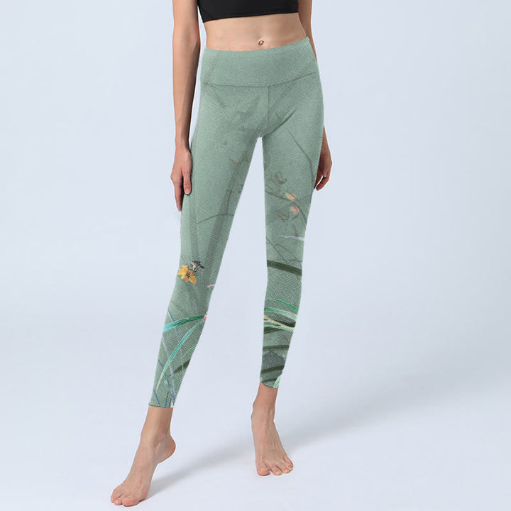 Leggings da palestra con stampa di foglie di orchidee rosa e bianco Buddha Stones, pantaloni da yoga da donna