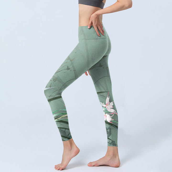 Leggings da palestra con stampa di foglie di orchidee rosa e bianco Buddha Stones, pantaloni da yoga da donna