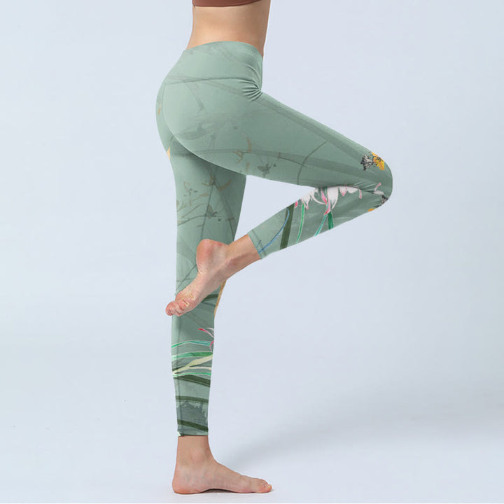 Leggings da palestra con stampa di foglie di orchidee rosa e bianco Buddha Stones, pantaloni da yoga da donna