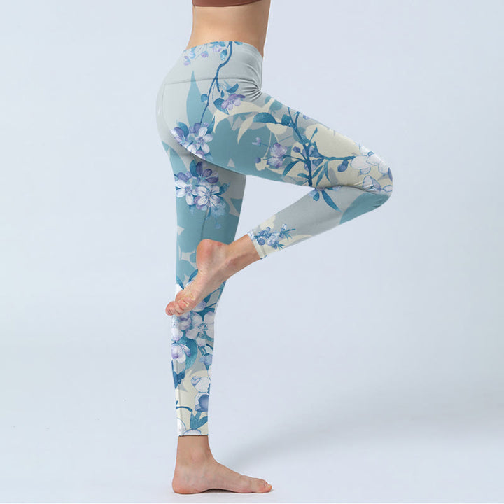 Leggings da palestra con stampa di fiori blu e bianchi Buddha Stones, pantaloni da yoga da donna