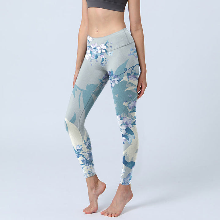 Leggings da palestra con stampa di fiori blu e bianchi Buddha Stones, pantaloni da yoga da donna
