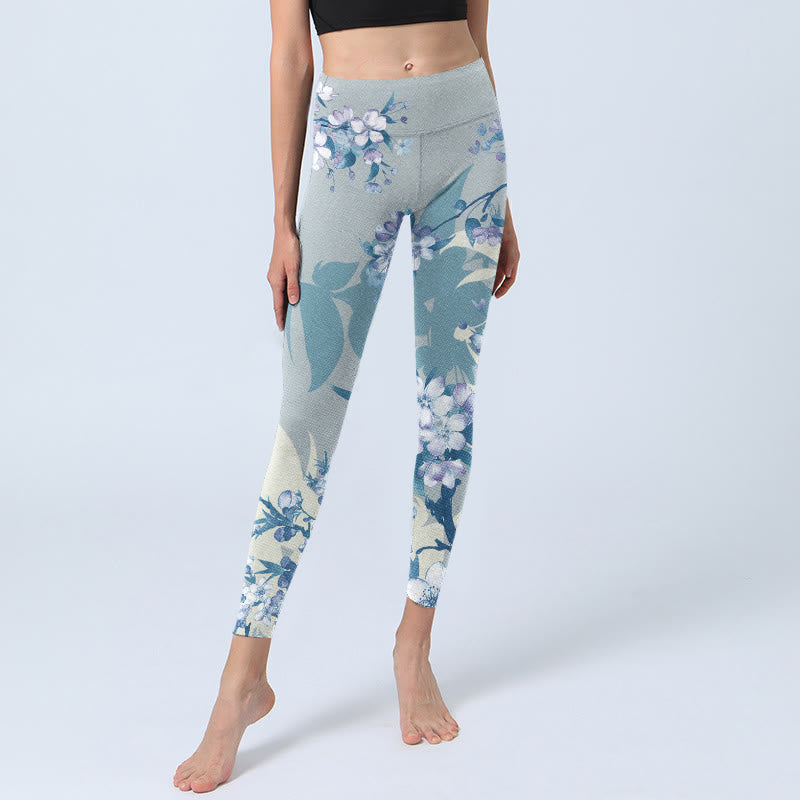 Leggings da palestra con stampa di fiori blu e bianchi Buddha Stones, pantaloni da yoga da donna