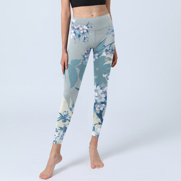Leggings da palestra con stampa di fiori blu e bianchi Buddha Stones, pantaloni da yoga da donna