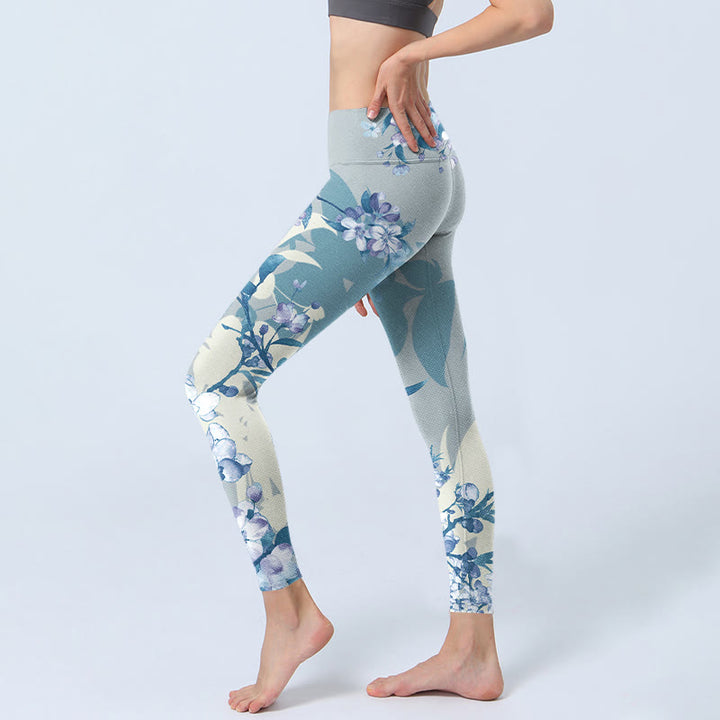 Leggings da palestra con stampa di fiori blu e bianchi Buddha Stones, pantaloni da yoga da donna