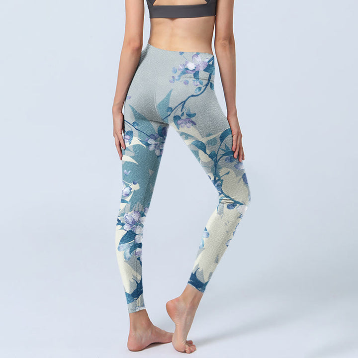 Leggings da palestra con stampa di fiori blu e bianchi Buddha Stones, pantaloni da yoga da donna