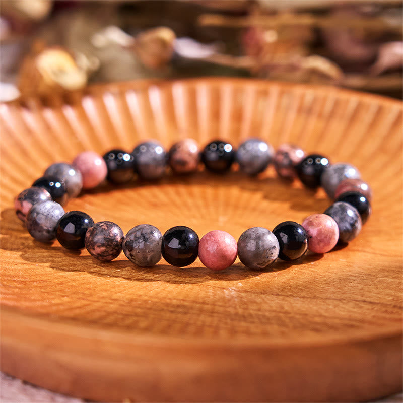 Bracciale della calma con vari cristalli di pietra di Buddha, malachite, lazurite, lapislazzuli, emimorfite - Collana con ciondolo in rodonite nera glitterata e perline di vetro nere (circonferenza del polso: 14-16 cm) - image 162