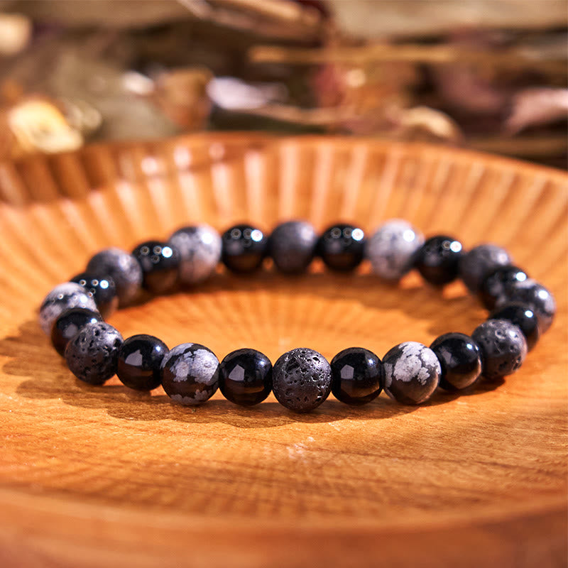Bracciale della calma con vari cristalli di pietra di Buddha, malachite, lazurite, lapislazzuli, emimorfite - Bracciale in vetro nero con perline di ossidiana fiocco di neve, pietra lavica (circonferenza del polso: 14-16 cm) - image 161