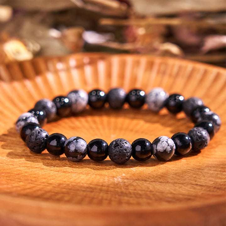 Bracciale della calma con vari cristalli di pietra di Buddha, malachite, lazurite, lapislazzuli, emimorfite - Bracciale in vetro nero con perline di ossidiana fiocco di neve, pietra lavica (circonferenza del polso: 14-16 cm) - image 161