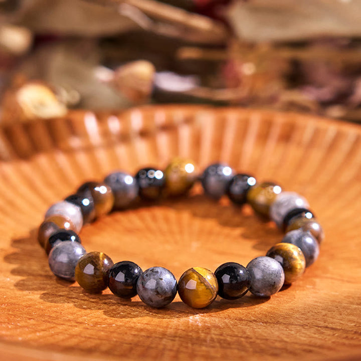 Bracciale della calma con vari cristalli di pietra di Buddha, malachite, lazurite, lapislazzuli, emimorfite - Collana con ciondolo a forma di occhio di tigre, glitter nero e perline di vetro nere (circonferenza del polso: 14-16 cm) - image 159