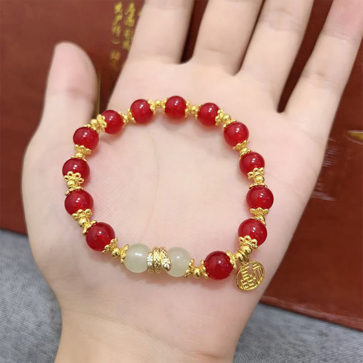 Braccialetto Buddha Stones Agata Rossa Giada Fu Carattere Anno del Serpente Calma