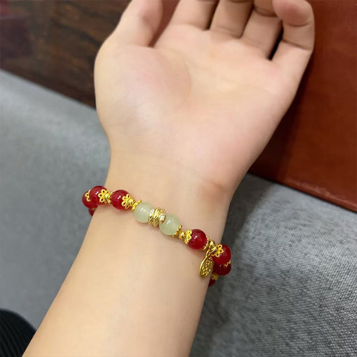 Braccialetto Buddha Stones Agata Rossa Giada Fu Carattere Anno del Serpente Calma