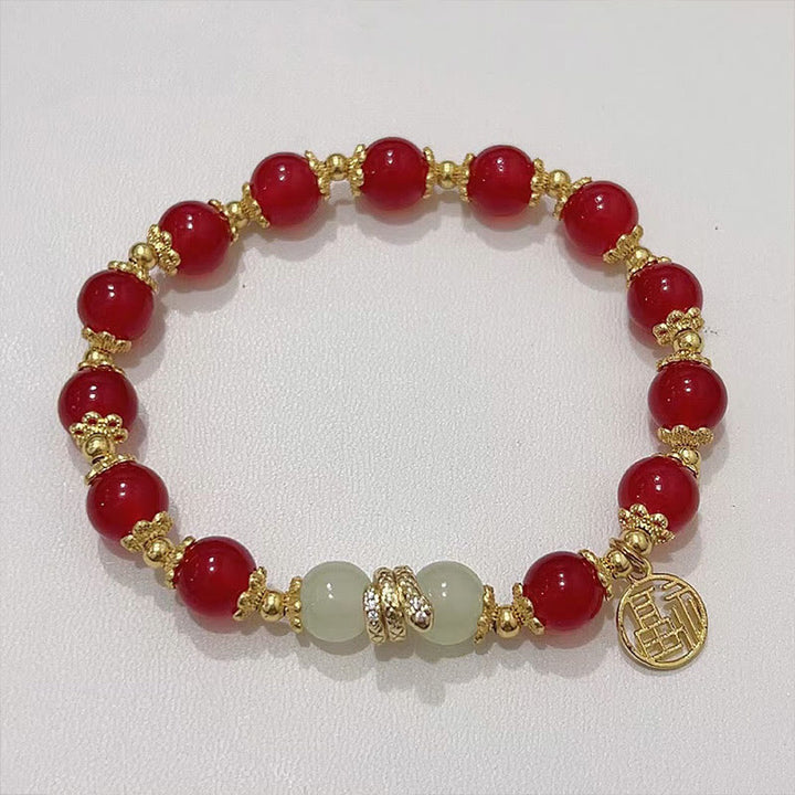 Braccialetto Buddha Stones Agata Rossa Giada Fu Carattere Anno del Serpente Calma