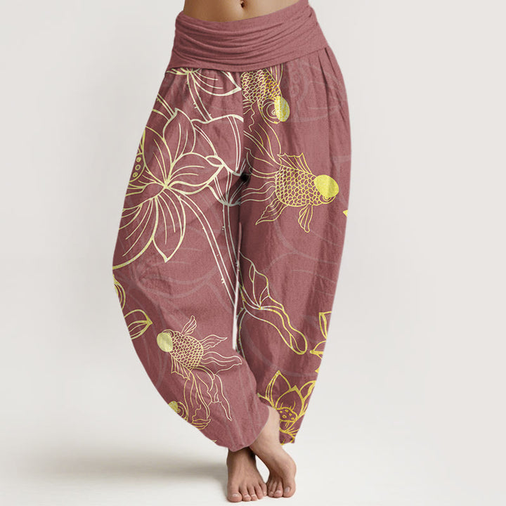 Pantaloni harem da donna con elastico in vita, Buddha Stones, in cotone, con foglie di loto e pesci koi - RossoViolaPale - US22, UK/AU26, EU54 (6XL) - image 8