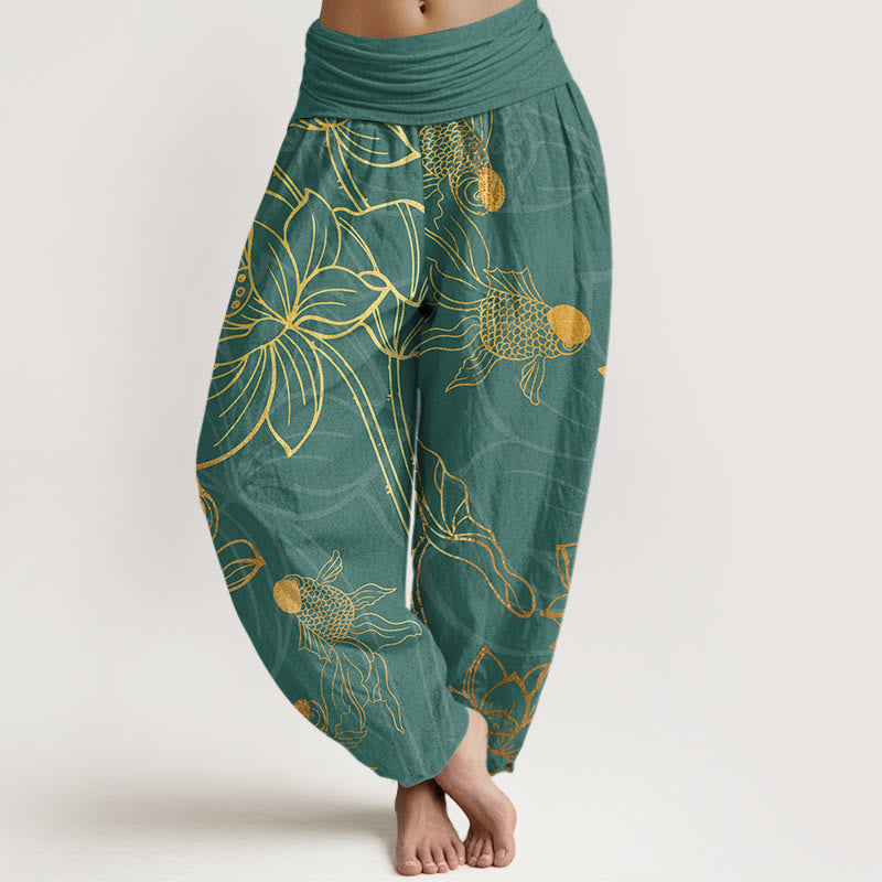 Pantaloni harem elastici in vita da donna con foglie di loto e pesce koi , Buddha Stones - Ciano scuro - US22, UK/AU26, EU54 (6XL) - image 0