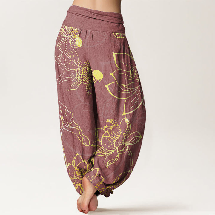 Pantaloni harem da donna con elastico in vita, Buddha Stones, in cotone, con foglie di loto e pesci koi - image 10