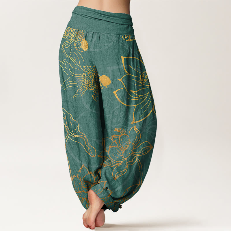 Pantaloni harem da donna con elastico in vita, Buddha Stones, in cotone, con foglie di loto e pesci koi - image 2