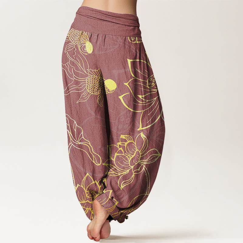 Pantaloni harem elastici in vita da donna con foglie di loto e pesce koi , Buddha Stones - image 10