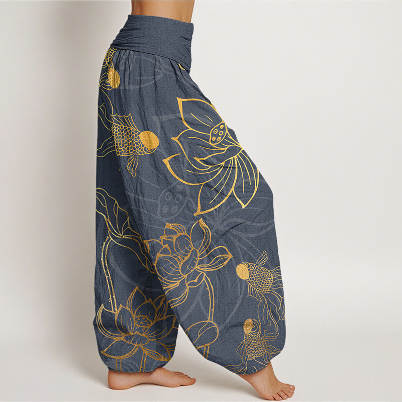 Pantaloni harem elastici in vita da donna con foglie di loto e pesce koi , Buddha Stones - image 6