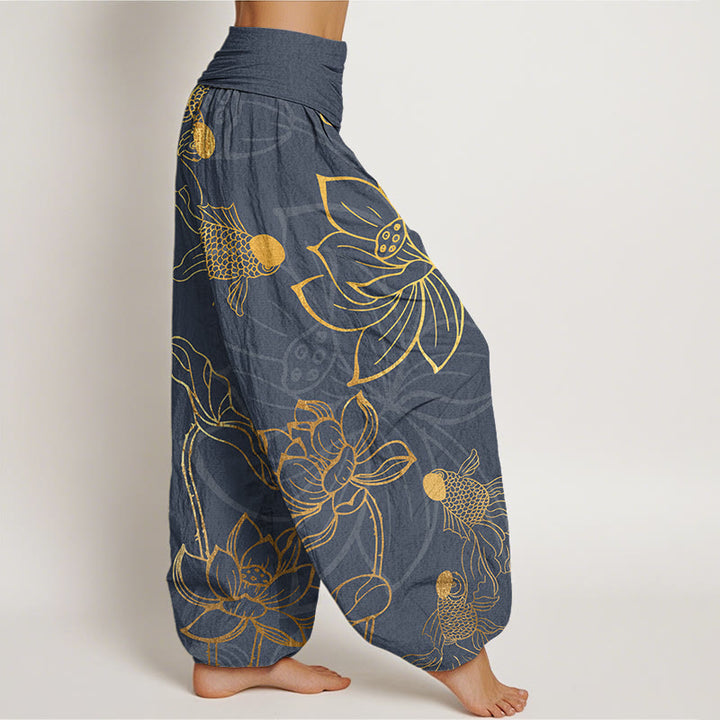Pantaloni harem elastici in vita da donna con foglie di loto e pesce koi , Buddha Stones - image 6