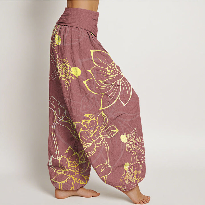 Pantaloni harem elastici in vita da donna con foglie di loto e pesce koi , Buddha Stones - image 9