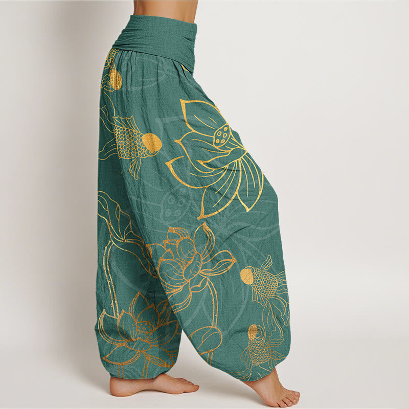 Pantaloni harem da donna con elastico in vita, Buddha Stones, in cotone, con foglie di loto e pesci koi - image 1