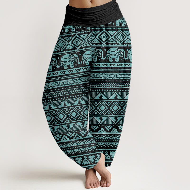Pantaloni harem elastici in vita da donna con figura geometrica e elefante casual Buddha Stones - Turchese medio - US22, UK/AU26, EU54 (6XL) - image 8