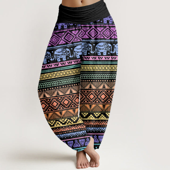 Pantaloni harem da donna con elastico in vita, in cotone, casual, con motivo geometrico a elefante, motivo Buddha Stones - Nero - US22, UK/AU26, EU54 (6XL) - image 0